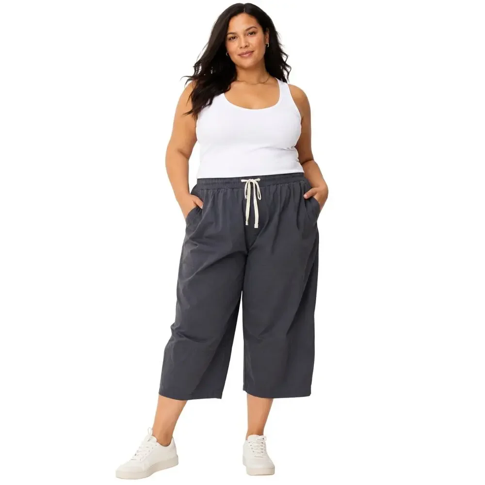 Pact Organic Cotton Cropped Wide Leg Pull-On Pants Drawstring Navy Women's XXXL